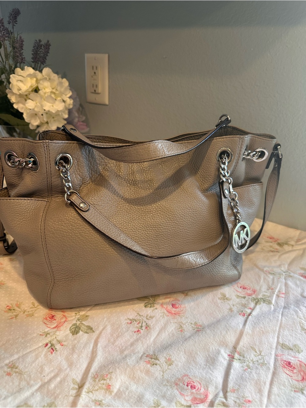 Michael Kors Taupe Pebbled Leather Tote with Silver Hardware
